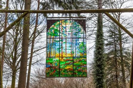 Forest of Dean sculpture trail. Suspended stained glass panel, Forest of Dean